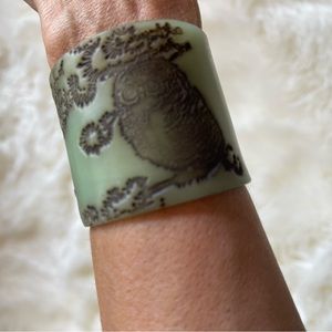 Lightweight Jade Green Handmade Cuff w/Owl Design & Silver Clasp